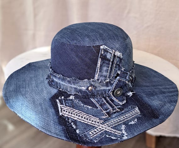 Upcycled Denim Patchwork Hat: Handmade Distressed Cotton  display picture 3