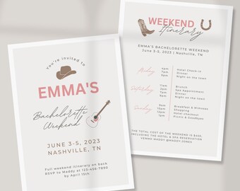 Bachelorette Party Weekend Invite & Itinerary | Western, Nashville, Cowgirl, Neutral, Pink - Template - Emma
