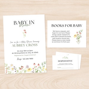 Wildflower Baby Shower Invite Suite | Floral, Watercolor, Baby in Bloom | Diaper Raffle | Canva Invitation Templates - Aubrey (Vertical)