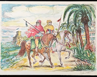 Giovan Francesco Gonzaga (1921-2007) "knights" cm. 70x50 - color lithograph Signed author's proof contemporary art