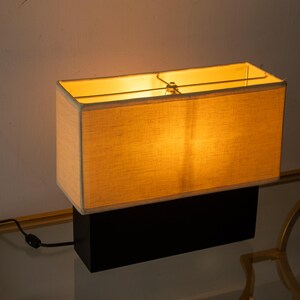 Vintage Mid Century Modern Table Lamp Rectangular Fabric Shade Minimalist Black Wood Block Desk Light Minimalist Modern Bedside Lamp