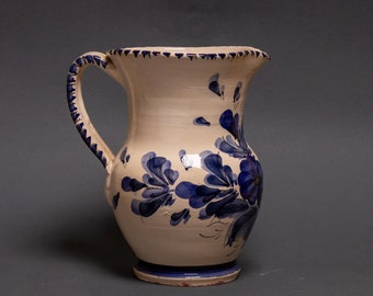 Jug with handle in handmade Apulian glazed ceramic majolica from the 50s blue enamel flowers amphora Puglia Italy