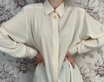 Vintage cream white oversized blouse, elegant embroidered women’s shirt