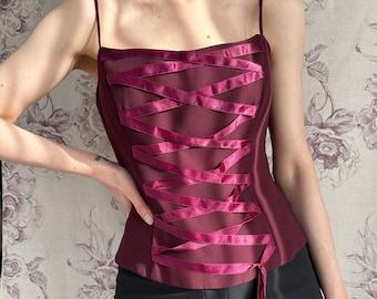 Vintage burgundy sleeveless top with lace up detail