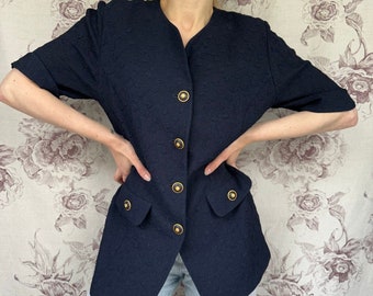 Chemisier texturé bleu marine vintage, veste légère pour femme élégante et chic