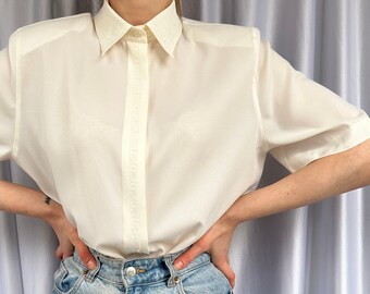 Vintage white cream blouse with embroidery, women's elegant shirt with short sleeves