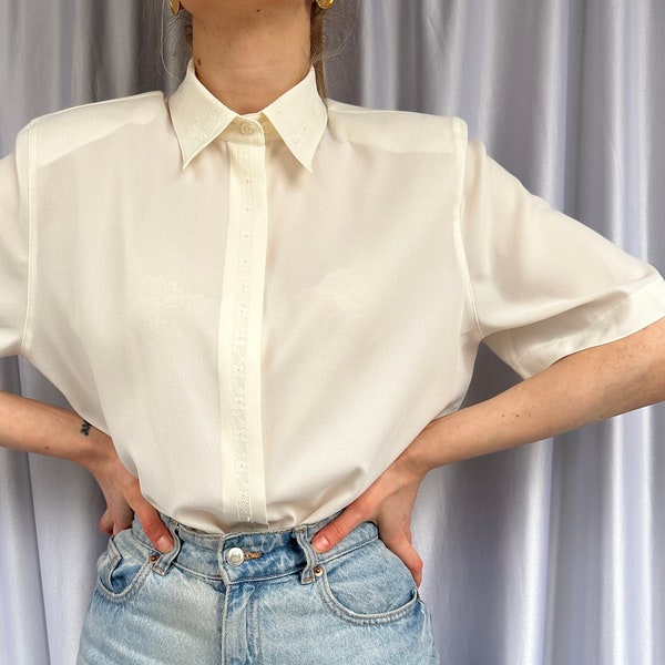 Vintage white cream blouse with embroidery, women's elegant shirt with short sleeves