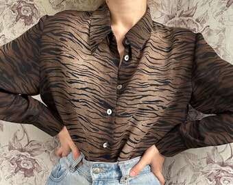 chemise marron vintage à imprimé animal, chemisier tigre à manches longues pour femme