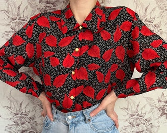 Blusa vintage con estampado floral en blanco y negro, camisa de mujer con estampado de hojas rojas