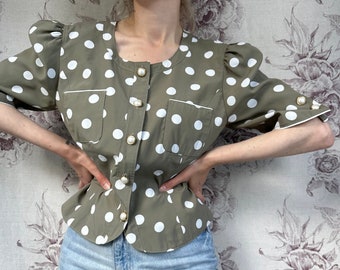 Vintage khaki green polkadot blouse, 70s blouse with puffed short sleeves and pearl buttons