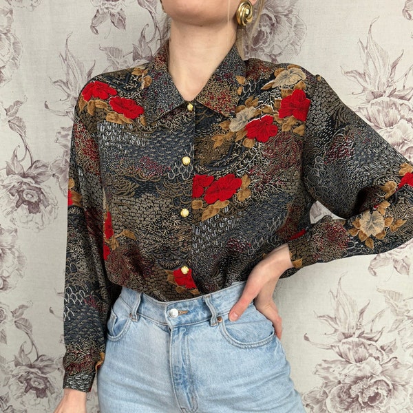 Vintage black blouse with red floral print, elegant women’s shirt