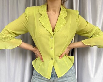 Vintage light green yellow sheer blouse, see through shirt with embroidery