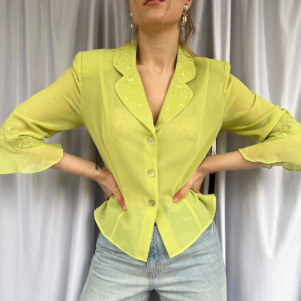 Vintage light green yellow sheer blouse, see through shirt with embroidery