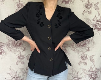 Vintage light black blazer with velvet floral print, elegant classy women’s jacket
