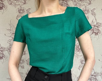 Top verde vintage, blusa retro de los años 90 con espalda abotonada