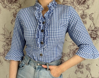 Vintage white and blue check blouse, Bavarian women’s shirt with ruffles and lace up detail on the back