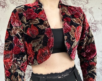 Vintage black and red velvet bolero jacket, short floral print women’s jacket
