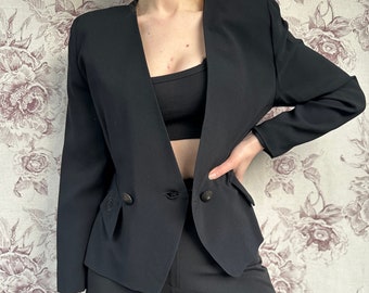 Blazer vintage negro con bordado, elegante chaqueta de mujer