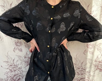 Vintage black blouse with lurex ornament details, elegant women’s shirt