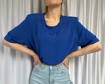 Vintage blue embroidered floral blouse top, top with short sleeves