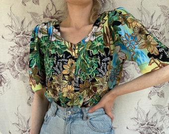Vintage green and blue floral print blouse, women's shirt with half length puffed sleeves