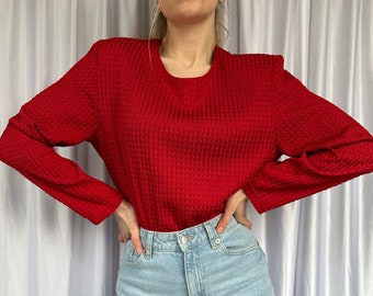 Vintage red textured blouse top, women's elegant top