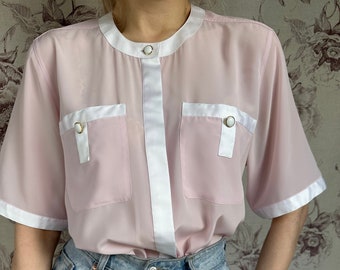 Blusa vintage rosa pálido con ribete de satén blanco, elegante camisa de mujer con mangas cortas