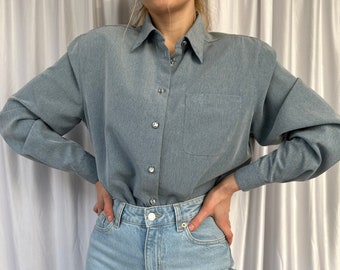 Vintage Graue Bestickte Bluse, damen elegantes Shirt