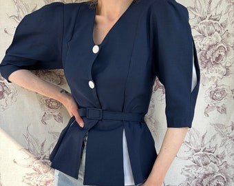 Vintage navy blue jacket with puffed sleeves, classy 90s belted jacket with white details