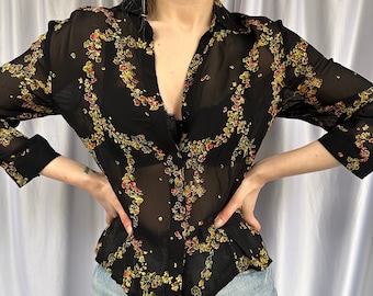 Vintage floral sheer black blouse, elegant women's chiffon see through shirt