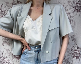 Vintage grey blue cropped blazer, women’s 70s jacket with short sleeves