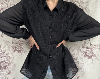 Vintage sheer black blouse with sparkle ornament detail, elegant long sleeve shirt