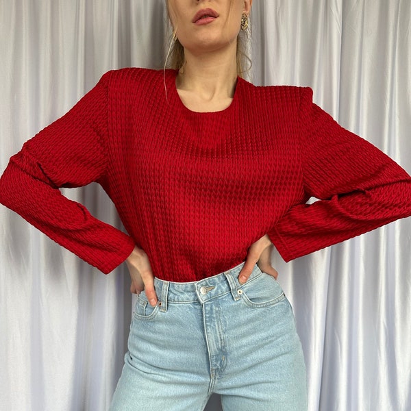 Vintage red textured blouse top, women's elegant top