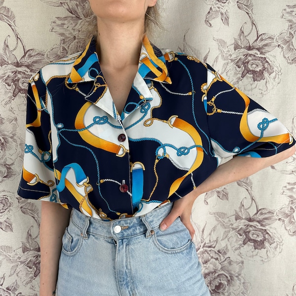 Vintage blue and white oversized blouse, rope print shirt with short sleeves