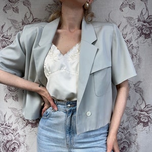 Vintage grey blue cropped blazer, women’s 70s jacket with short sleeves
