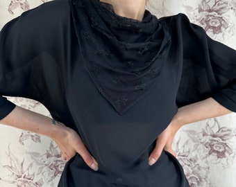 Vintage black chiffon blouse with shawl lace collar, elegant women’s blouse with 3/4 sleeve