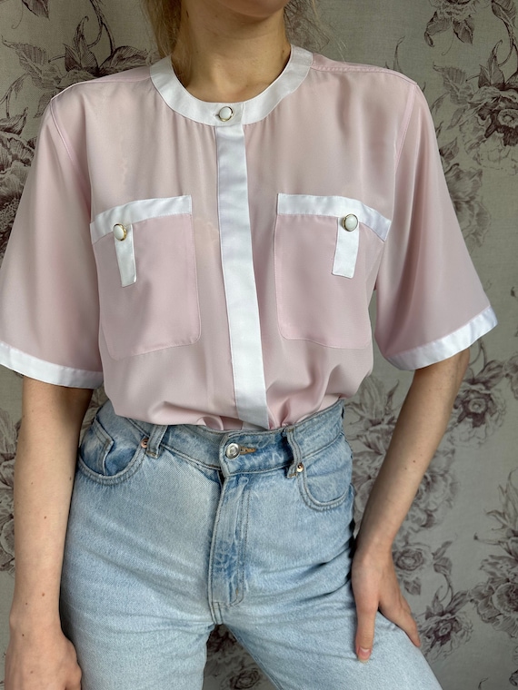 Vintage pale pink blouse with white satin trim, e… - image 1