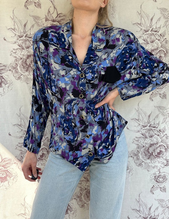 Vintage viscose 70s blue blouse, retro abstract p… - image 7