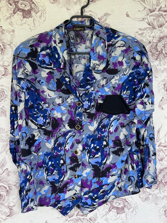 Vintage viscose 70s blue blouse, retro abstract p… - image 9