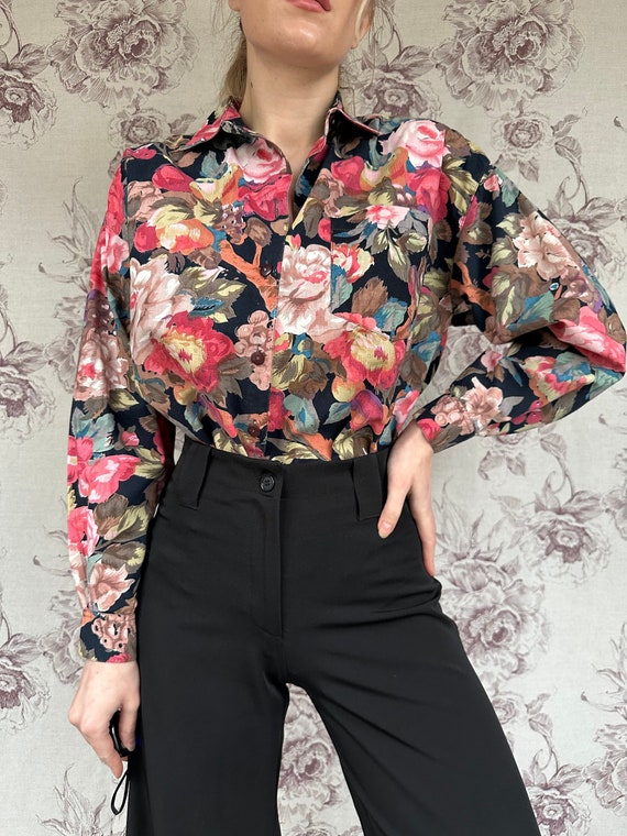 Vintage Black Blouse With Red Pink Floral Print, Elegant Cotton 