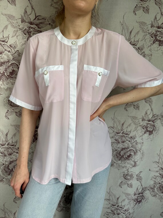 Vintage pale pink blouse with white satin trim, e… - image 6