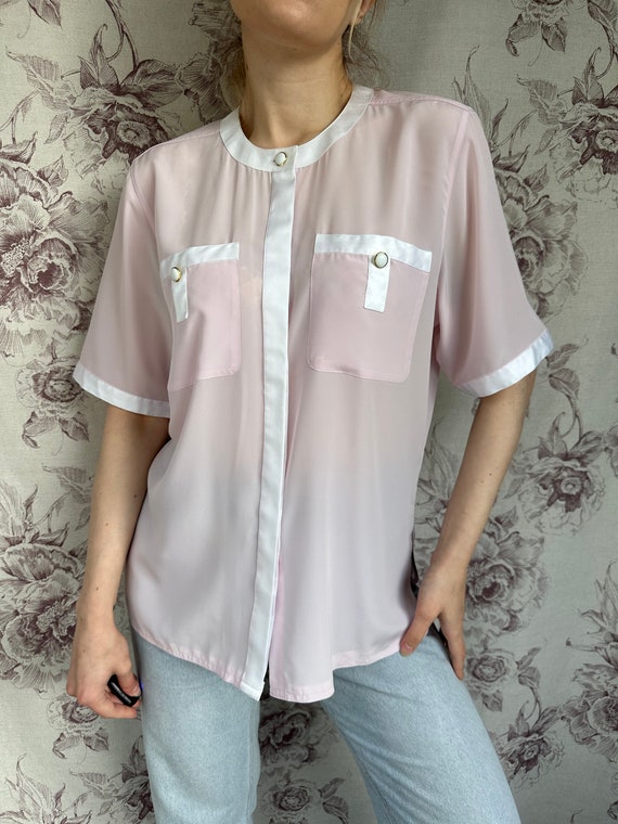 Vintage pale pink blouse with white satin trim, e… - image 2