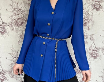 Vintage 70s blue jacket, elegant women’s blazer with pleated detail