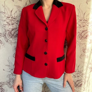 Blazer rojo vintage con detalles de terciopelo negro, elegante chaqueta de mujer de los años 90 imagen 5