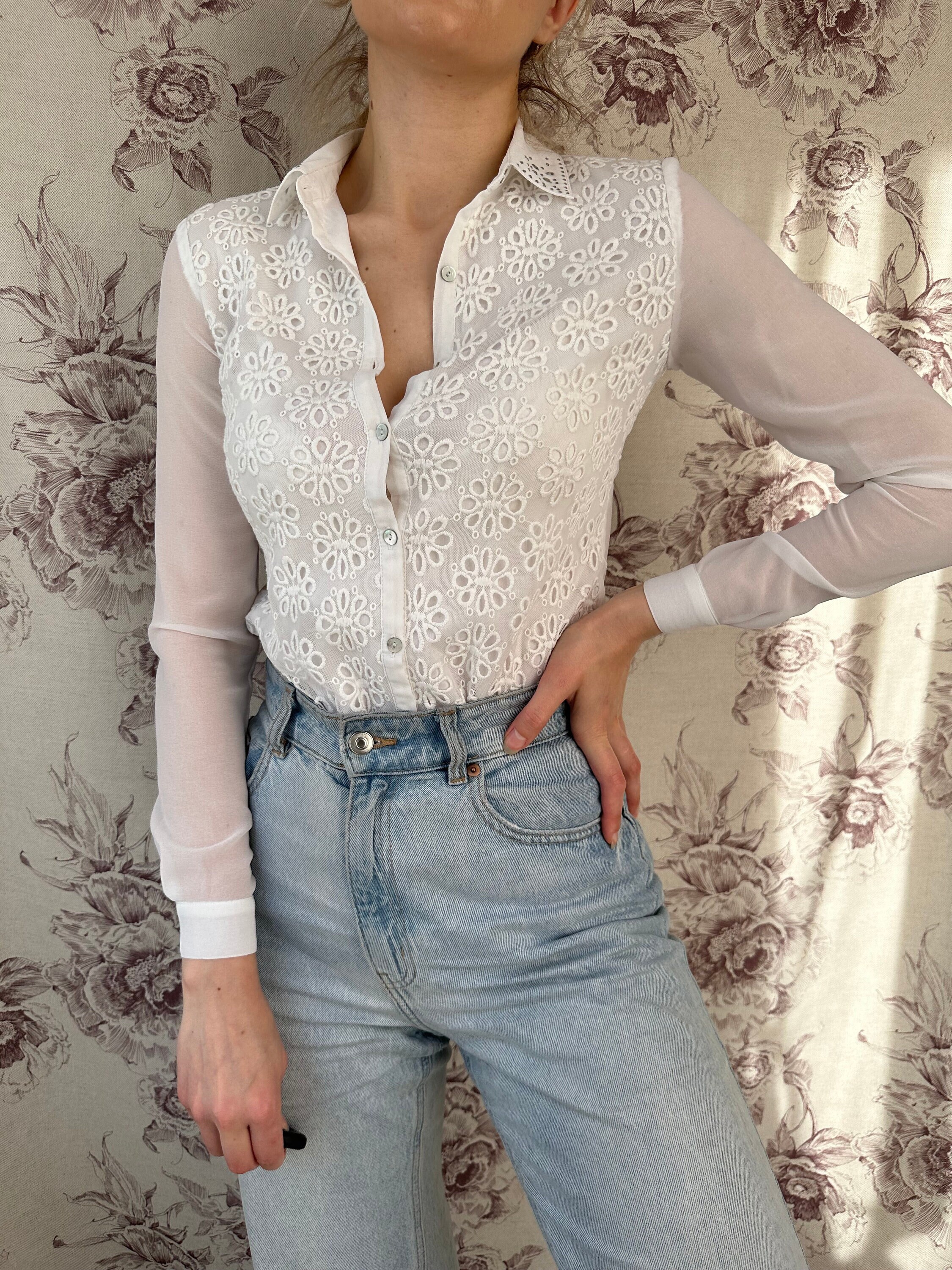 Chemisier Femme LTB Transparent Avec Empiècement Dentelle - Couleur Crème - Taille S - Neuf Sans étiquettes