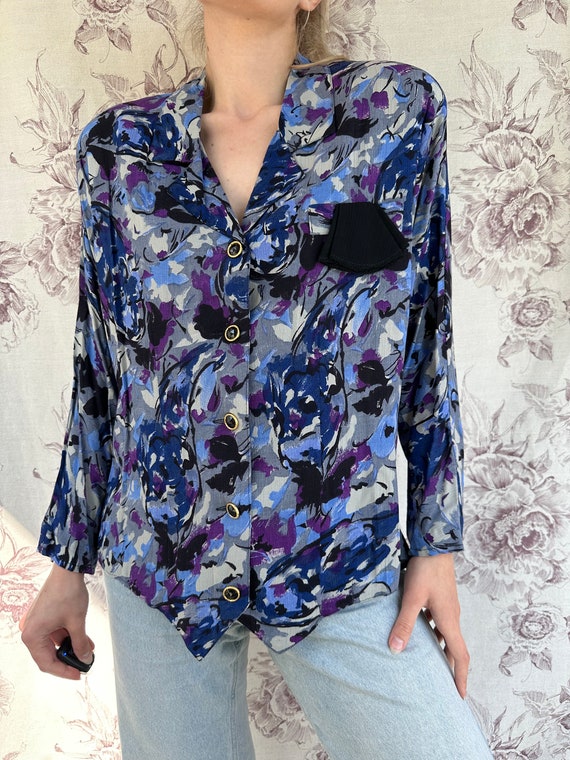 Vintage viscose 70s blue blouse, retro abstract p… - image 5