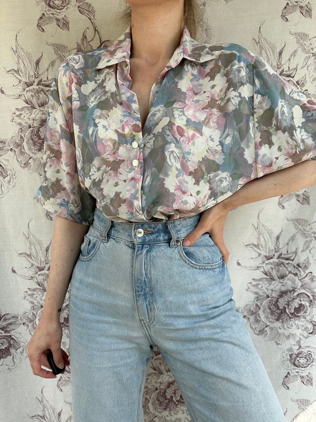 Vintage Pastel Color Blouse With Blue and Pink Floral Print Etsy