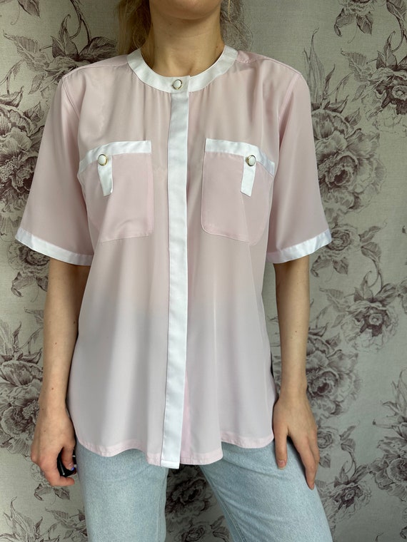 Vintage pale pink blouse with white satin trim, e… - image 3