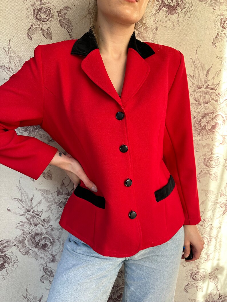 blazer rouge vintage avec détails en velours noir, veste pour femme élégante des années 90 image 6