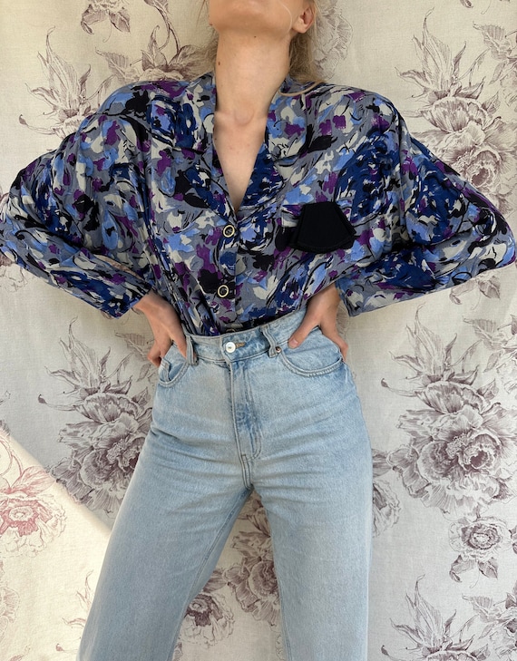 Vintage viscose 70s blue blouse, retro abstract p… - image 2